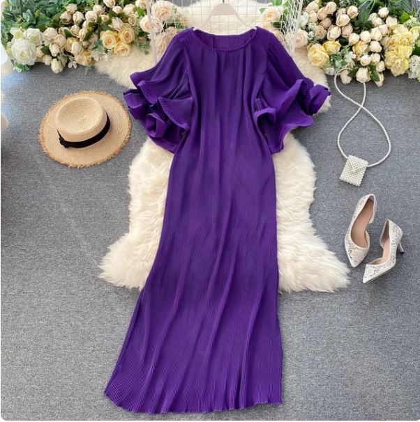 Ruffle Short Sleeve Loose Pleated Long Dress Women Summer Casual O-Neck Pleated Maxi Dress Boho Beach Dress Oversized Vestidos