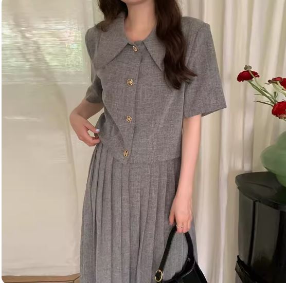 Korean chic summer retro small style lapel loose short-sleeved jacket + high-waisted versatile pleated skirt for women