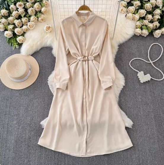 2024 new autumn clothing Korean style light and mature temperament belt waist dress women's design French long shirt dress