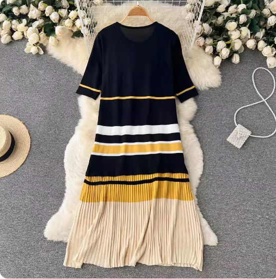 Loose mid-length ice silk short-sleeved doll dress new European and American style striped knitted suspender skirt vacation skirt