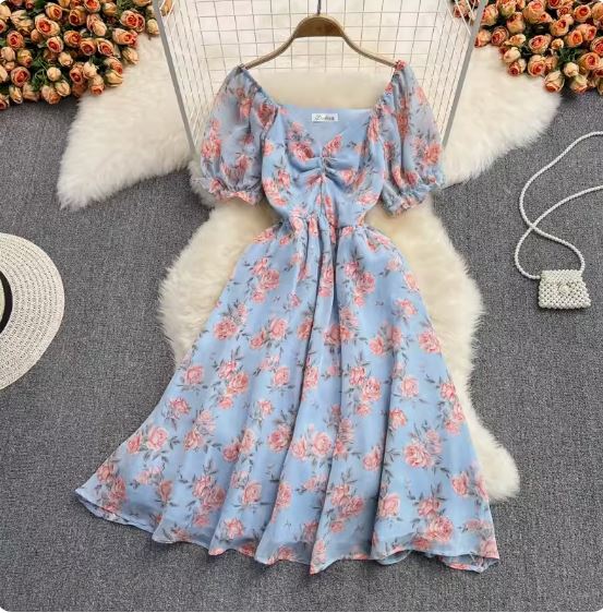 Summer new style gentle wind mid-length waist V-neck floral chiffon dress super fairy style first love platycodon skirt