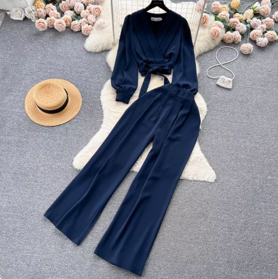 New autumn and winter women's two-piece set, salt style, light and mature style, short puff-sleeved waist shirt, high-waisted casual long trousers