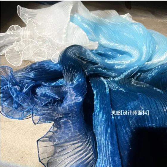 Blue gradient organ pleated large wave laser organza organza satin pleated dress fabric designer fabric