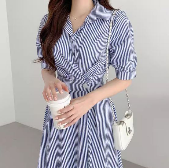 Korean chic summer fashionable temperament lapel buttoned waist slimming puff sleeve striped shirt dress for women