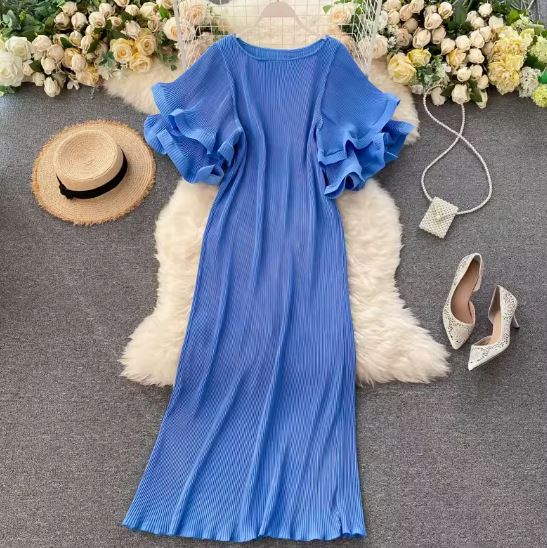 European and American ins design niche three-dimensional double-layer ruffled sleeves loose mid-length pleated dress for women summer wear