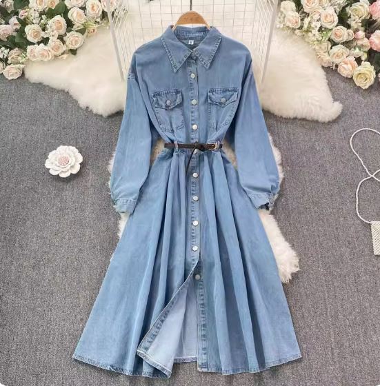 French retro denim skirt spring and autumn fashionable mature style mid-length waist slimming single-breasted lapel dress