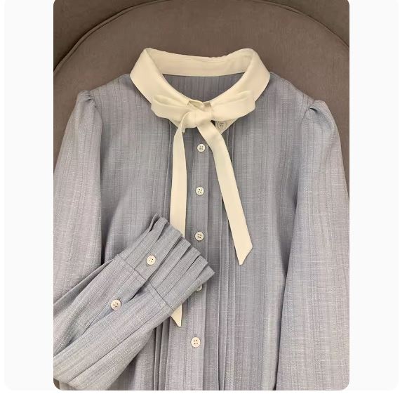 LIASYNN preppy French girl lace-up striped shirt early spring new long-sleeved sweet shirt for women