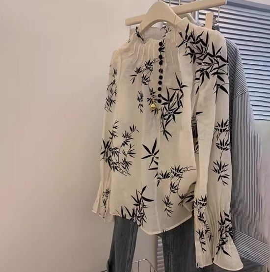 New Chinese style Chinese style ink bamboo print shirt for women spring and autumn retro high-end temperament shirt chic long-sleeved top