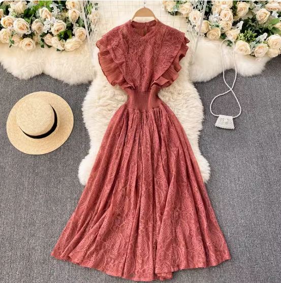 Light and sophisticated women's French elegant and feminine pleated ruffled waist slimming lace dress spring dress