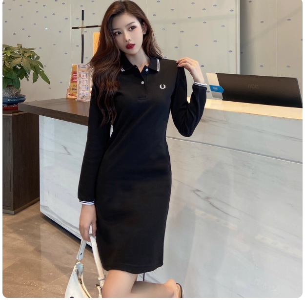 Women's long-sleeved polo shirt dress, new autumn style, loose fit, preppy style, summer casual sports embroidered lapel long dress.
