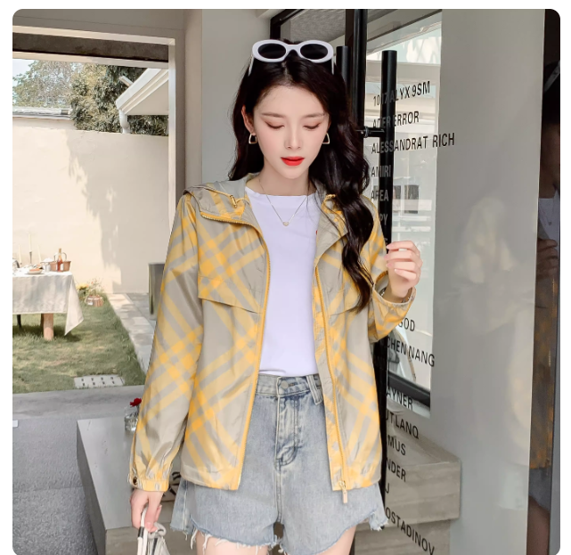 Hooded sun protection jacket for women summer 2025 new large size loose slim light luxury high-end thin plaid shirt