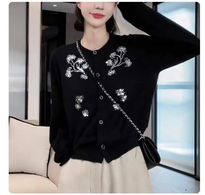 Hanqixuan 2025 autumn new design niche knitted cardigan high-end exquisite embroidery trendy sweater