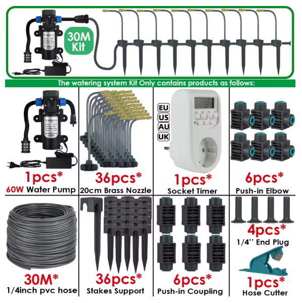 5M-30M Garden Watering System Self-priming Pump Timer 360° Bendable Mist Brass Cooling Sprinkler Drip Irrigation Kit Pot Bonsai