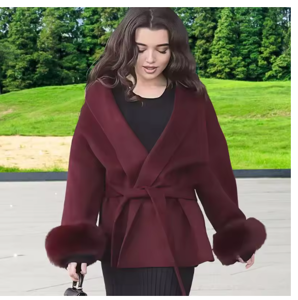 Elegant Lapel Woolen Jacket With Belt Women 2025 Autumn Wool Blend Faux Fur Cuffed Sleeve Coats Fashion Lady Lace Up Outerwear