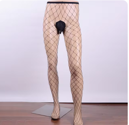 Men Sexy Fishnet Hollowed Out Sheer Pouch Transparent Pantyhose Sissy Lingerie Black Stockings Tights Underwear Erotic Costumes