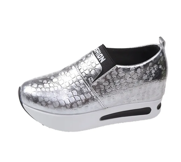 New Women's Sneakers Silver Womens Vulcanized Shoes PU Leather Waterproof Platform Women Shoes Slip-on Loafers Wedge Zapatillas