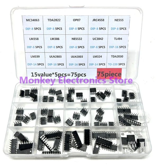 75pcs Integrated Circuit IC DIP Kit Box LM358 LM386 ULN2003 LM324 NE555 MC34063 TL494 ULN2803 LM324 TDA2030 LM339 ULN2803 TDA782