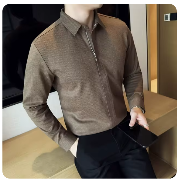 Autumn Winter New Thick Warm Woolen Shirt High-end Zipper Design Seamless Striped Shirt Fashion Men Casual Social Party Tuxedo