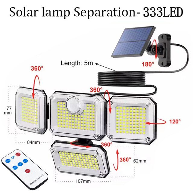 138/198/333 LED Solar Lights Outdoor Motion Sensor Human Induction Adjustable Head IP65 Waterproof Solar Power Wall Lamp