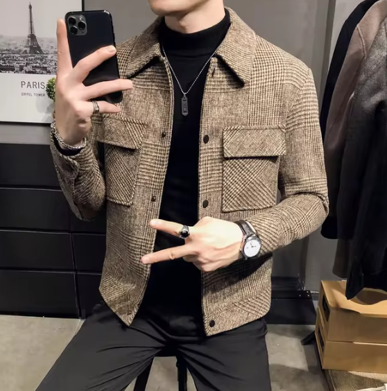 Autumn/Winter Men Polo Neck Woolen Jacket Fashion Slim Fit Suit Coat HighQuality Checkered Multi Pocket Korean Casual Jacket