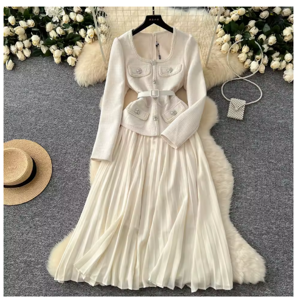 Luxury Socialite Style High-End Dress Women Winter Square Neck Patchwork Waist Cinching Slim Fit Niche Temperament Maxi Dress