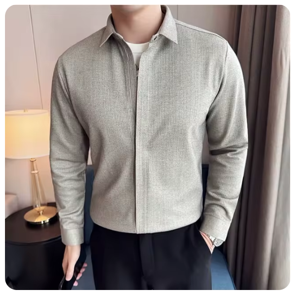 Autumn Winter New Thick Warm Woolen Shirt High-end Zipper Design Seamless Striped Shirt Fashion Men Casual Social Party Tuxedo