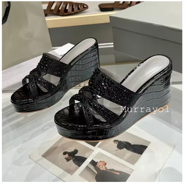 Women Real Leather Wedges Heel Thick Sole Bling Rhinestone Slippers Exposed Toes Glitter Crystal Sandals Summer Vacation Shoes