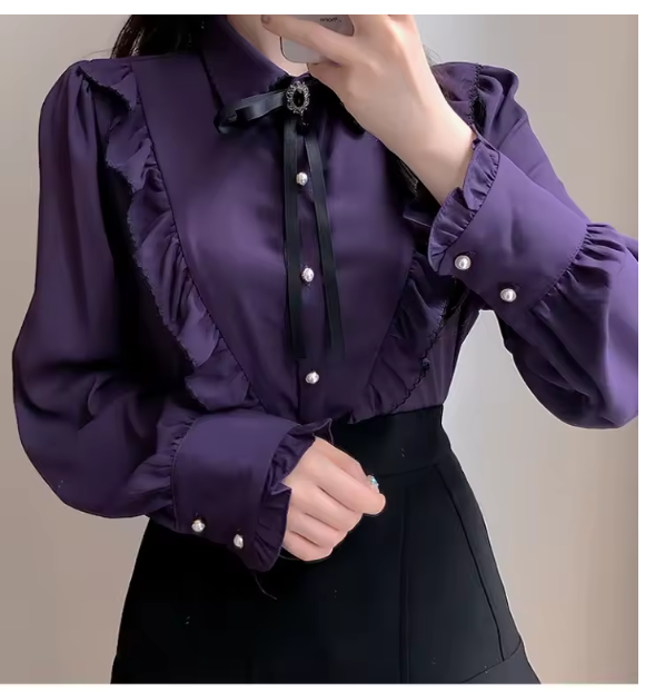 2022 Woman Cute Sweet Girls Thin Semi Transparent Ribbon Bow Tie Retro Vintalge Top Blusas Purple Green White Button Shirts