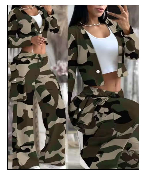 Spring Autumn Solid Slim Suit Women Long Sleeve Single Button V-neck Short Coat Drawstring Mid Waist Pocket Wide-Leg Pants Suit