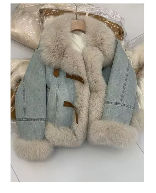 Women Denim Coats Y2k Casual Jackets Squre Collar Long Sleeves Faux Fur Distressed Loose Open Stitch Slight Strech 2025 Autumn