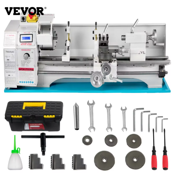 VEVOR 1100W Lathe Machine Mini Metal 38mm Chuck 125mm Infinitely Variable Speed 220X750cm with LED Screen and Tools accessories