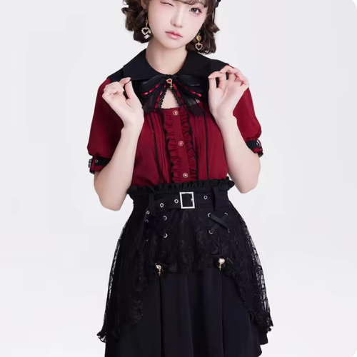 Harajuku Gothic Lolita Shirt Japanese Y2k Aesthetic Bow Lace Hollow Out Bat Collar Long Sleeve Blouse Women Elegant Clothes Tops