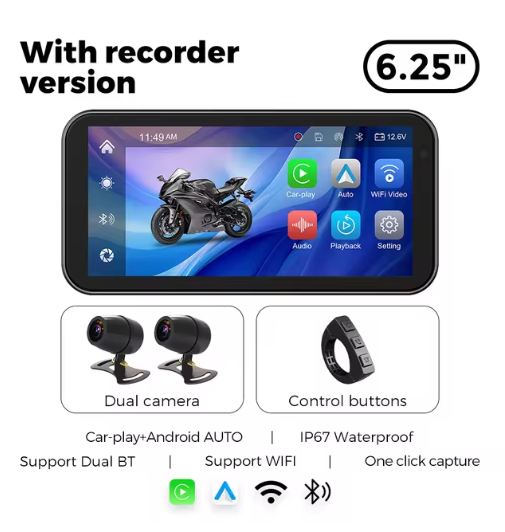 Portable 6.25 inch IP67 Waterproof Motorcycle GPS Navigation Wireless Carplay Android Auto DVR Drive Recorder Moto Monitor WIFI