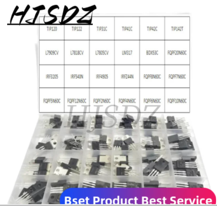 120PCS/BOX 24Values IRF3205 L7805CV LM317 TIP120 IRF540N TIP122 TIP142T IRFZ44N FQPF10N60C TO-220 Field Effect Transistor