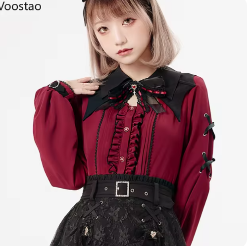 Harajuku Gothic Lolita Shirt Japanese Y2k Aesthetic Bow Lace Hollow Out Bat Collar Long Sleeve Blouse Women Elegant Clothes Tops