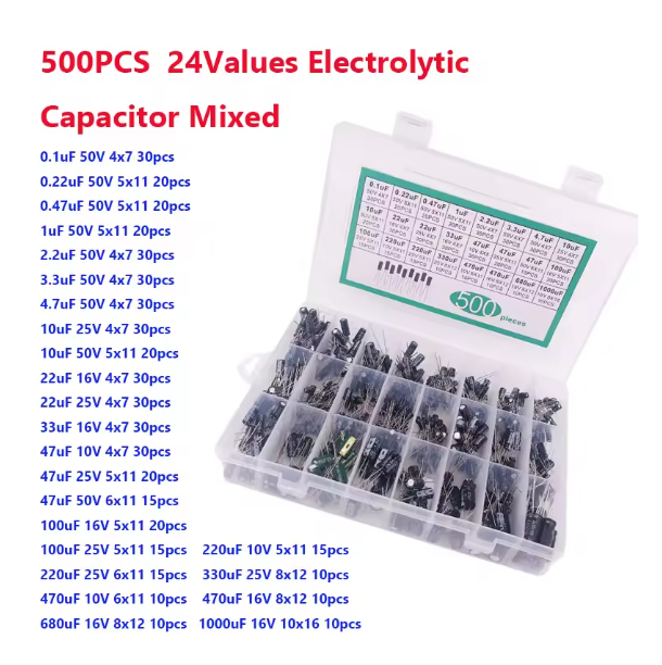 500PCS 24Values 0.1uF-1000u Electrolytic Capacitor Mixed DIP Electrolyte Capacitors 10V 16V 25V 50V Electronic Kit