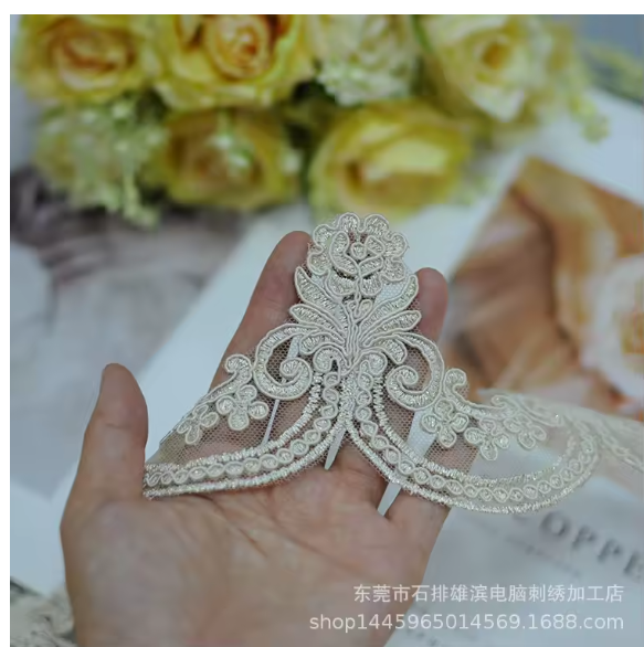 1 Yard Exquisite Champange Gold Flower Lace Mesh Embroidery Wedding Dress Home Textile DIY Handmade Accessories 8cm wide