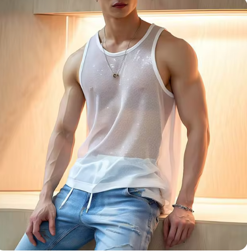 Men See-through Mesh T Shirt Crew Neck Tank Tops Sleeveless Vest Party Nightclub