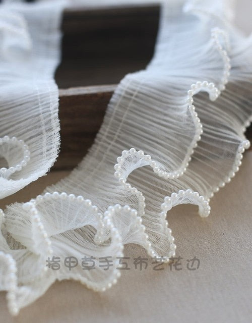 1Meter 10CM Wide Black White Beaded Mesh Flower Embroidery Pleated Lace Fabric Trims for Handmade Dress Skirt Material