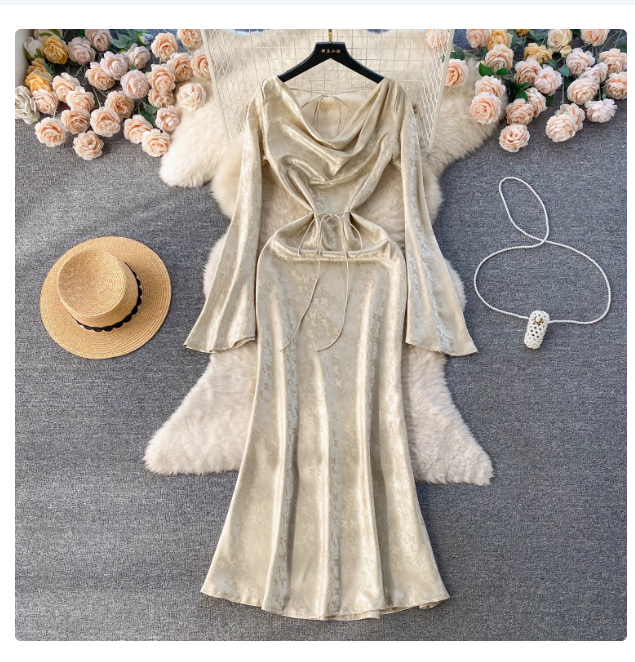 Celebrity high-end spring dress for women French retro palace style dress slim fit medium-length fishtail skirt temperament dress