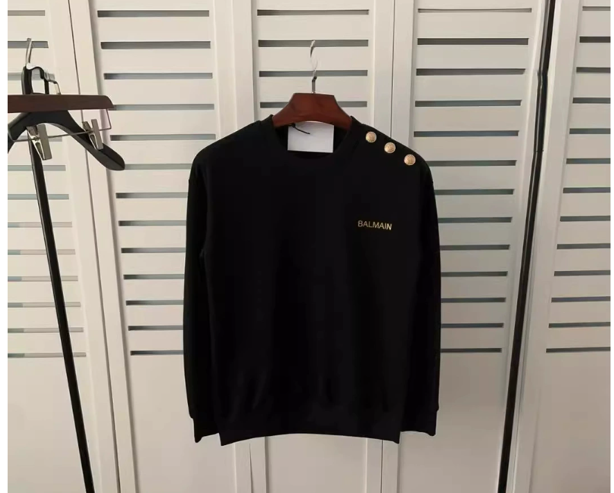 New Autumn/Winter Balmain Cotton Loose-fitting Pullover Sweatshirt with Gold Lettering and Gold Buttons, Couple Style, Long Sleeve, INS Style