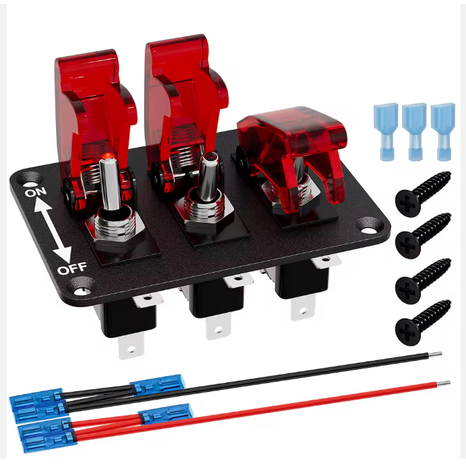 DaierTek Racing Ignition Switch Panel Red Led Lighted Toggle Switch 3 Gang Race Car Switch Panel for Racing Use