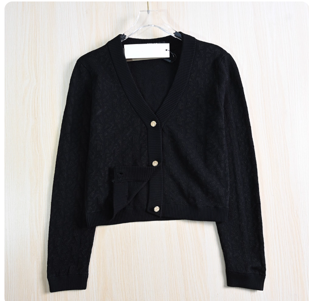 Siqi Women's Clothing 11/28 Jacquard Letter V-Neck Slim Fit Short Long Sleeve Knit Cardigan