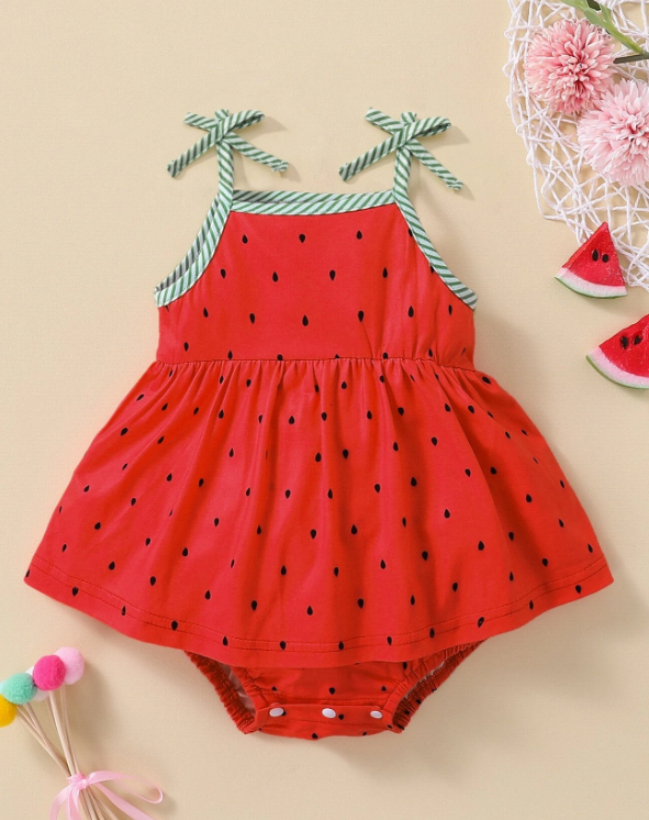 Baby Girl Water-Drop Print Tie Shoulder Combo Bodysuit Dress