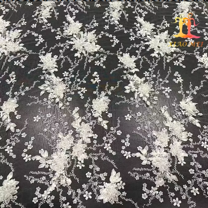 New style 100% polyester 3D Fancy embroidered bridal heavy beaded tulle lace fabric XM-BF0848