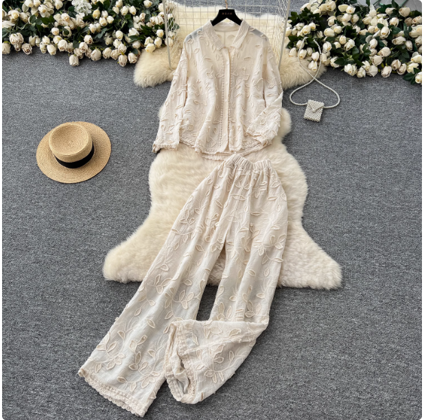 Korean style women's light mature style all-match heavy leaf embroidery loose long-sleeved cardigan shirt high waist wide-leg trousers