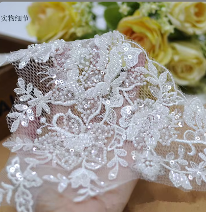 Bridal Wedding Veil 17cm Embroidery Floral Style Dress Pearl Beads Lace Trim