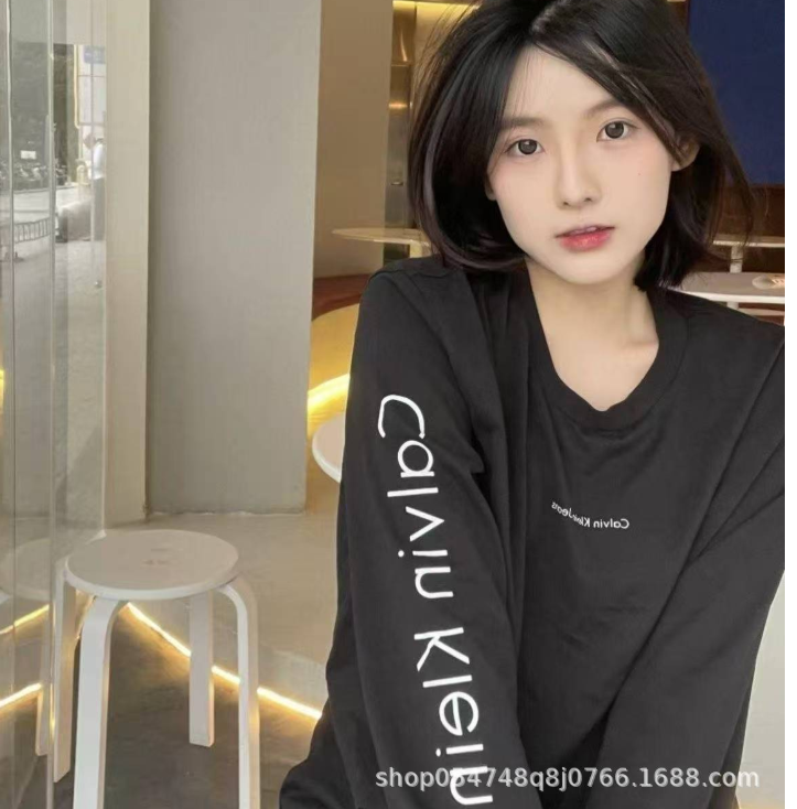 C home pure cotton casual T-shirt letter men and women couple new long sleeve loose bottoming printed round neck top