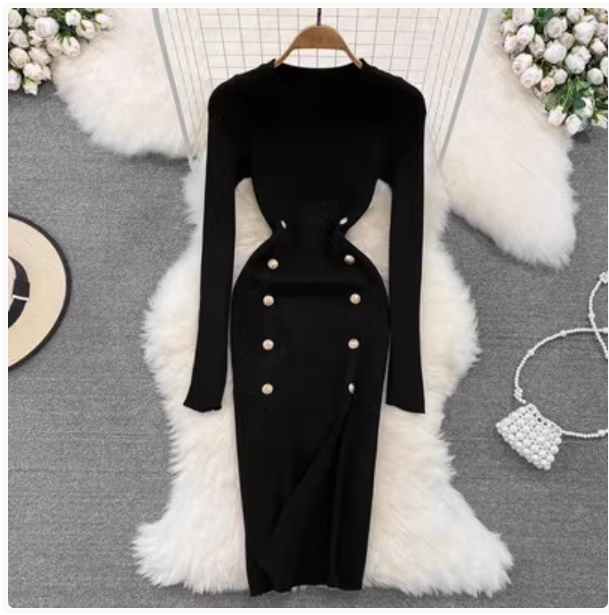 Celebrity temperament slim fit slit hip wrap knitted dress for women autumn and winter with coat bottoming sweater skirt