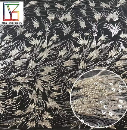 Wholesale sequin textile fabric white tulle lace silver beaded bridal luxury lace fabric embroidered fabric for dress